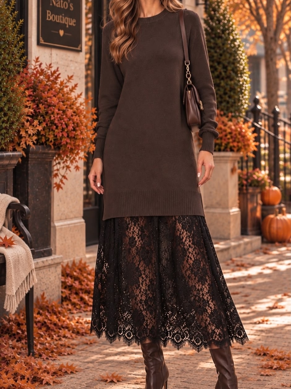 Women's Brown Knit Sweater Dress with Black Lace Skirt